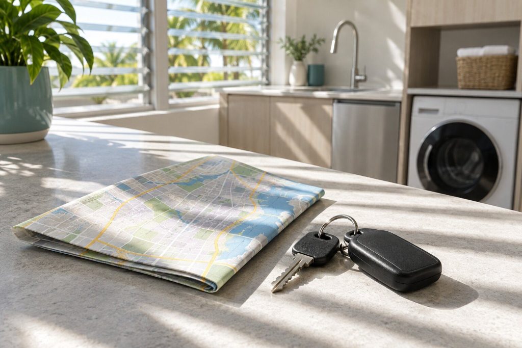 A folded street map and a set of van keys on a light surface, hard daylight across them.
