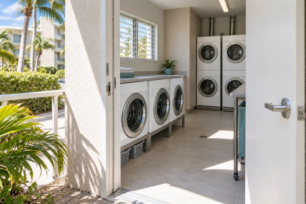 A low-rise condominium entrance in South Florida under a bright sky, a service door propped open and a laundry room visible inside.
