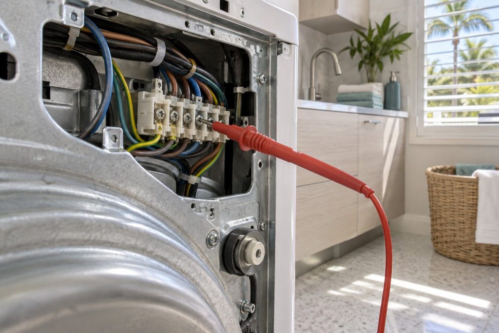 A meter probe resting on a terminal strip inside an opened machine back panel, the wiring loom behind it.