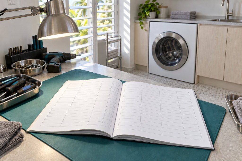 A service manual lying open on a bench mat under a work light, its pages a grid of rows too small to read.