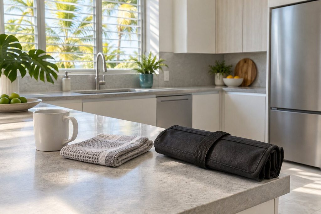A mug and a folded towel on a light worktop beside a closed tool roll, a bright kitchen behind.