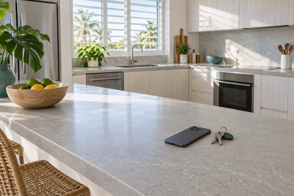 A pale kitchen island with a phone lying face down on the stone and a set of keys beside it.