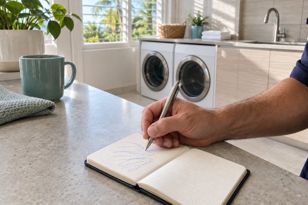 A hand writing an appointment into a pocket notebook resting on a light gray counter.