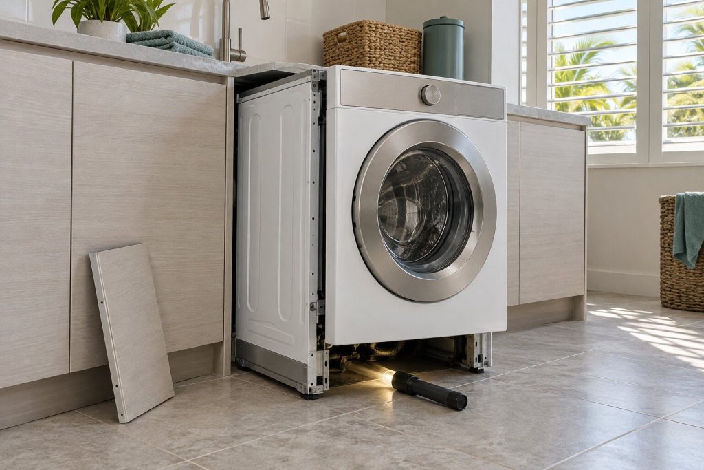 A built-in washing machine drawn forward out of its cabinetry with the toe-kick panel removed and leaning against the run beside it, a torch lying on the tiles pointing into the gap underneath