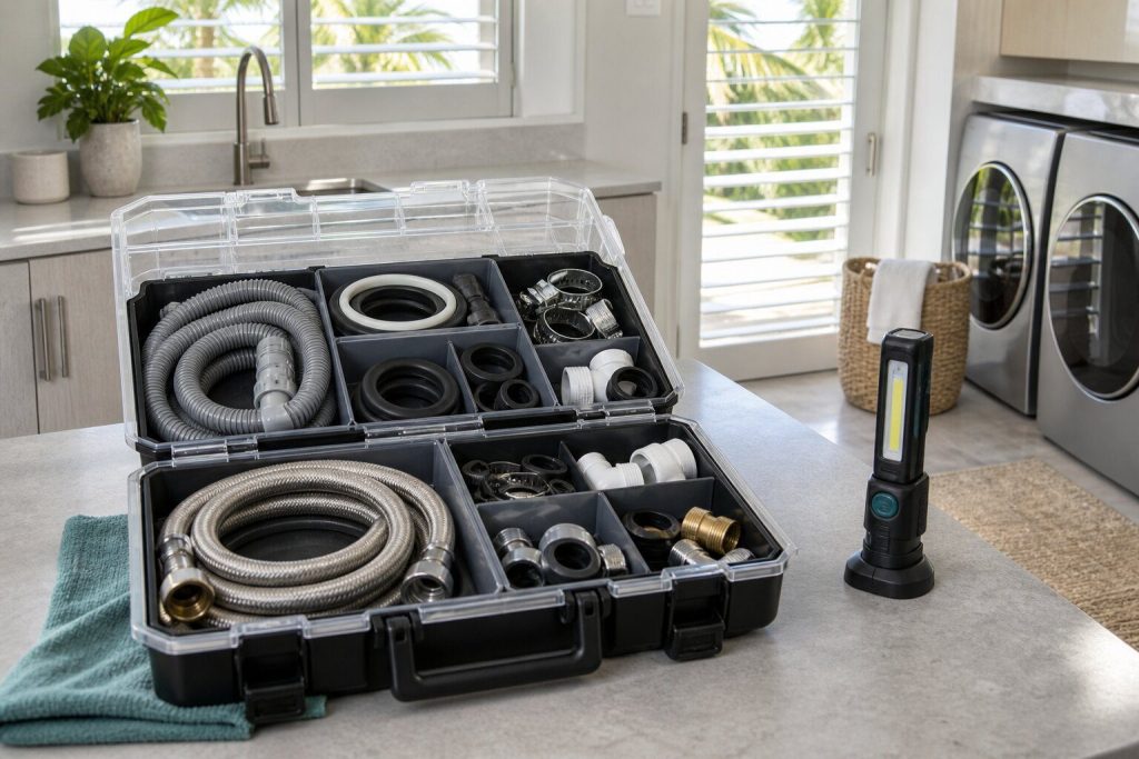 An open compartment box on a light counter with hoses, seals and small components laid out in its trays, a folded teal cloth under one corner and a torch standing on end beside it.