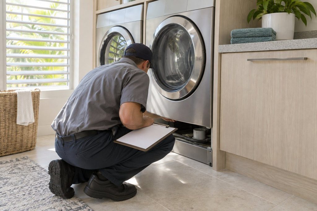 A technician kneeling at an open plinth with a clipboard resting on one knee, the machine still in its opening above him.