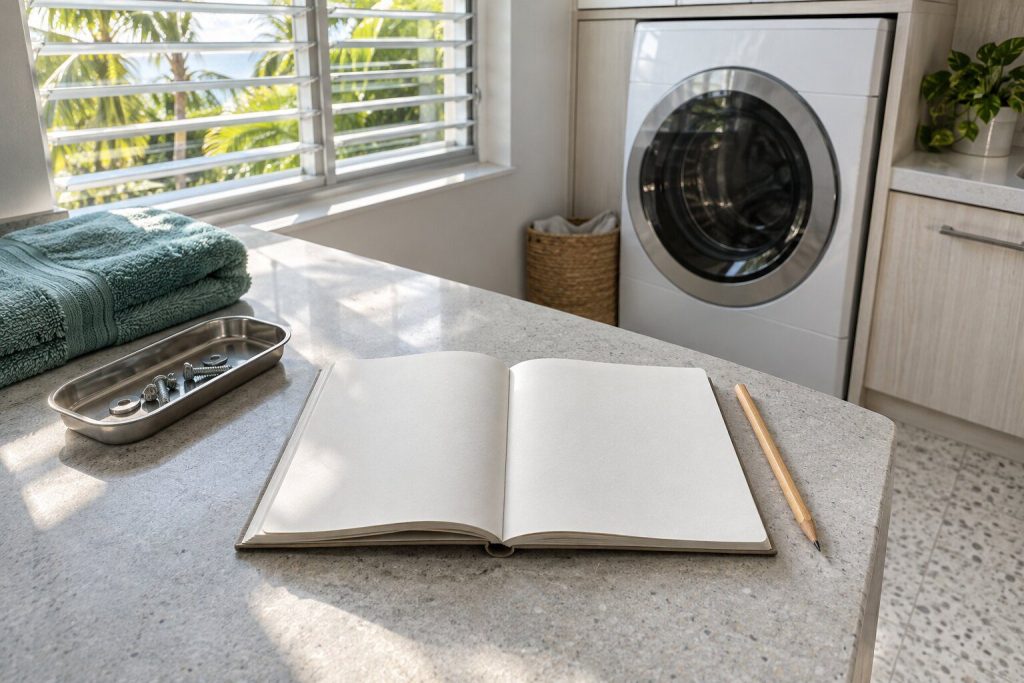 An open notebook and a pencil on a light gray counter beside a folded towel and a small parts tray, hard daylight from one side.
