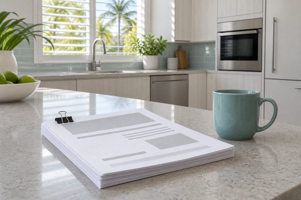 A stack of printed pages held with a clip on a light worktop, a mug beside them, a pale kitchen out of focus behind.