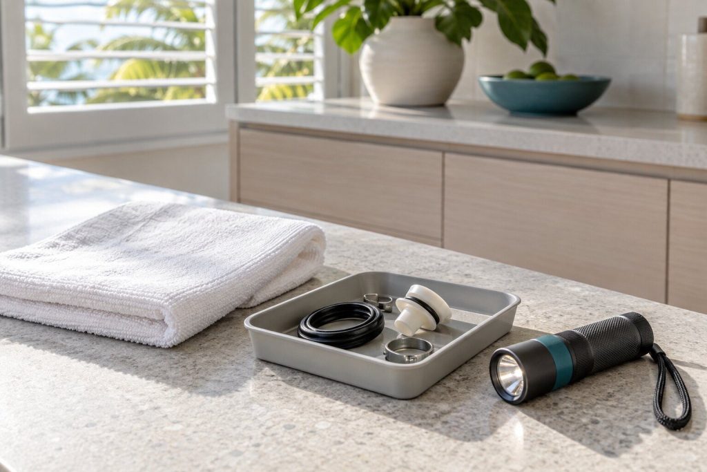 A light gray stone counter photographed close with a folded white towel, a small parts tray and a flashlight laid on it, pale cabinetry out of focus behind.