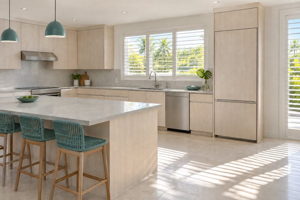 A bright South Florida kitchen in the middle of the day, empty: pale oak cabinetry, light gray stone counters, an integrated column flush in its run, shutter light striping the tile floor.