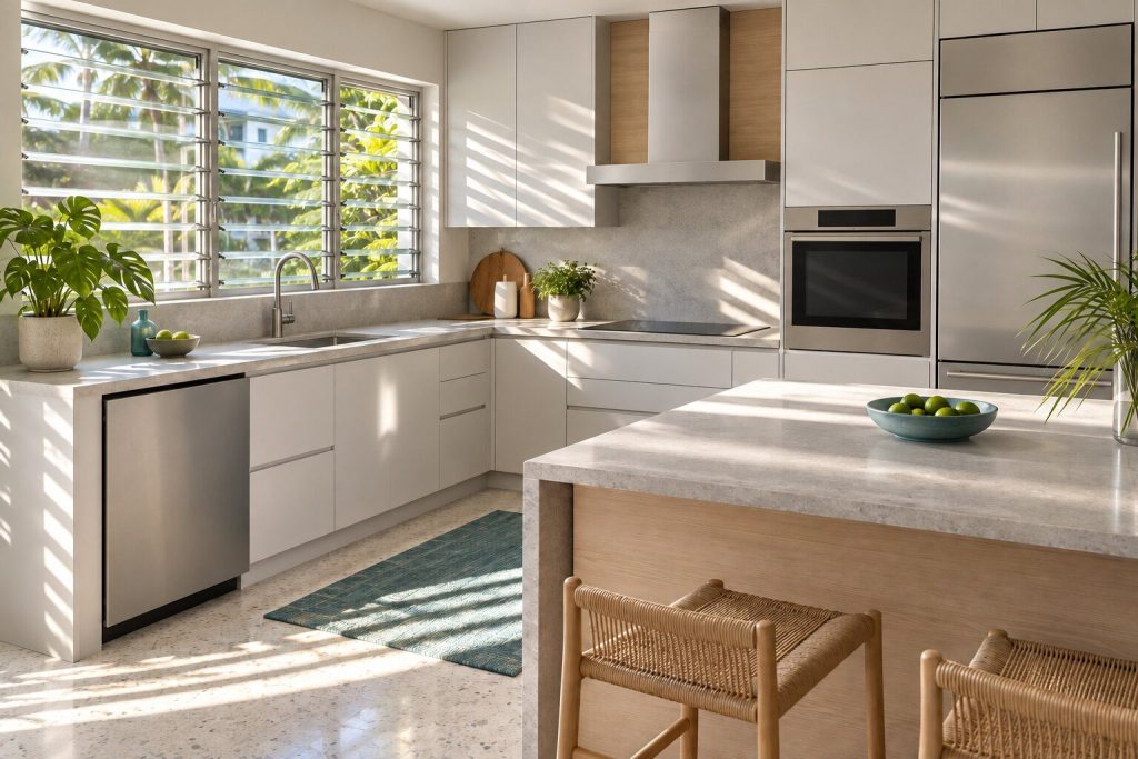 Hard subtropical daylight falling through a jalousie window across a pale kitchen, the air visibly humid, palms moving outside the glass.