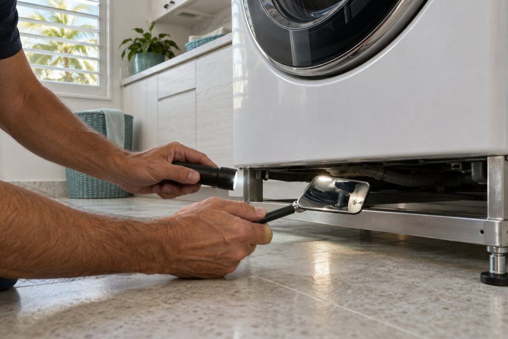 A flashlight and a small mirror held under the front lip of a washer, the underside dark above them.