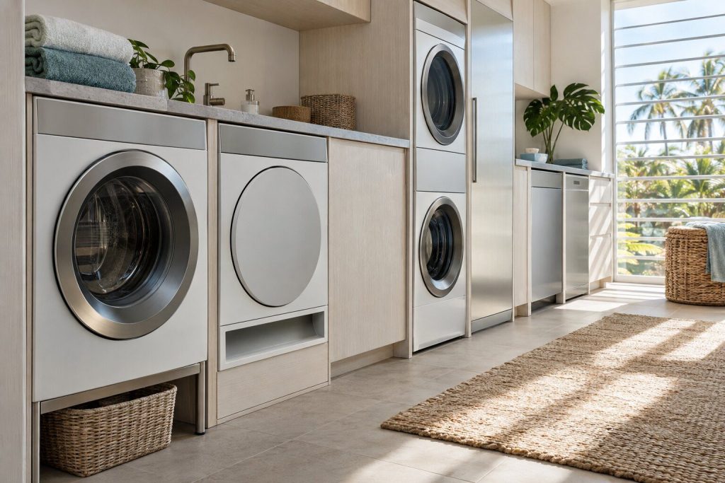 A row of appliance fronts of different widths in one pale run, the sizes stepping away.