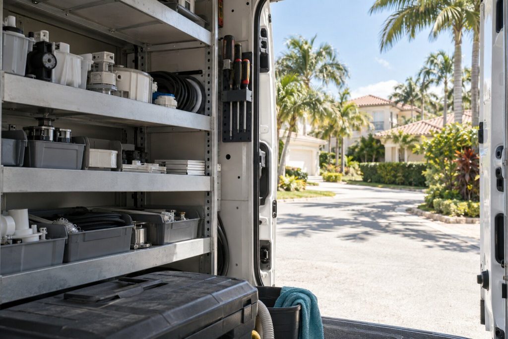 A van door standing open in bright sun with shelved parts inside, a South Florida residential street beyond it.