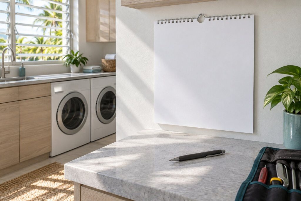 A wall calendar page and a pen on a light worktop with a tool roll at the edge of frame, hard daylight from the left.
