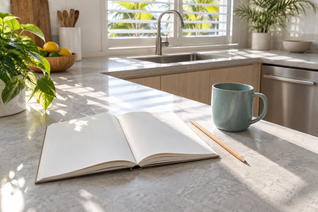 An open notebook and a pencil beside a mug on a light gray counter, hard daylight raking in from one side.