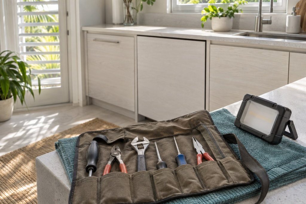 An open tool roll and a work light laid on a folded towel on a light gray worktop, a pale panel-ready appliance front out of focus behind.