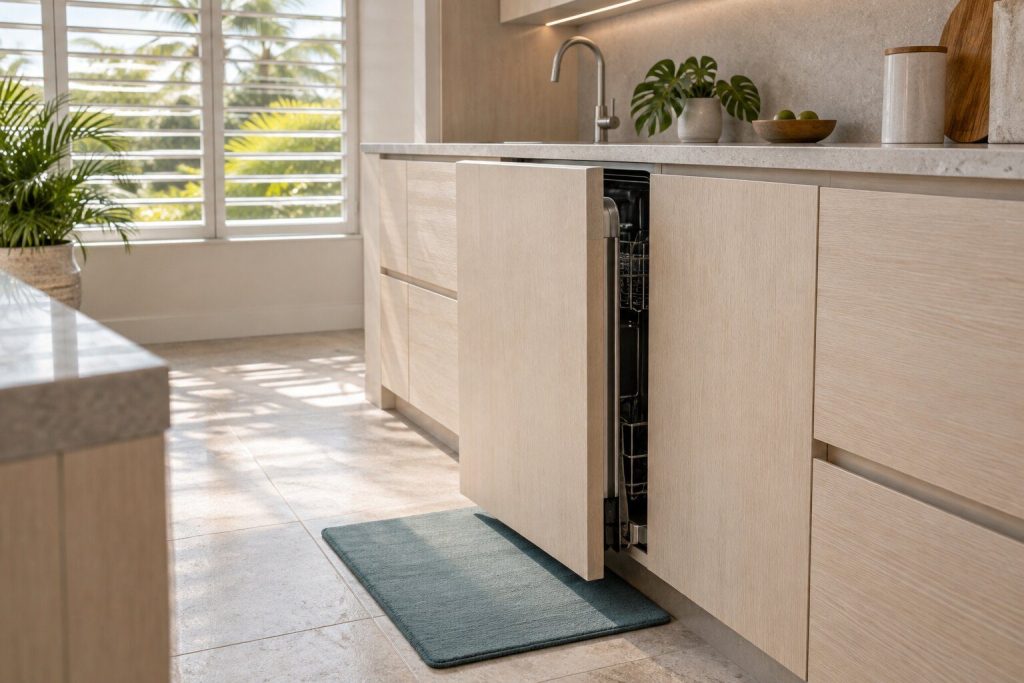 A run of pale oak cabinetry with one appliance front eased a hand-width proud of the line and a protective mat on the tile in front of it.
