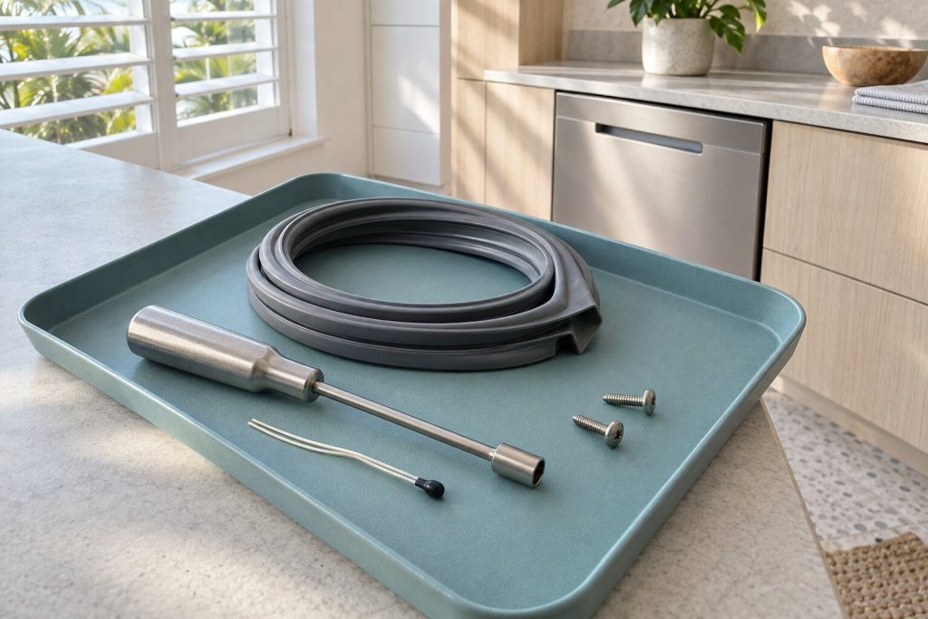 A parts tray on a light worktop holding a thermistor, a coil of door gasket and two screws, a nut driver lying across it.