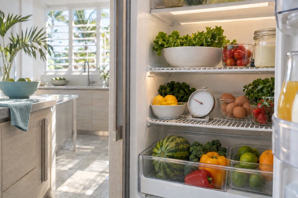 A dial thermometer standing on a wire shelf inside an open integrated refrigerator column with ordinary food around it.