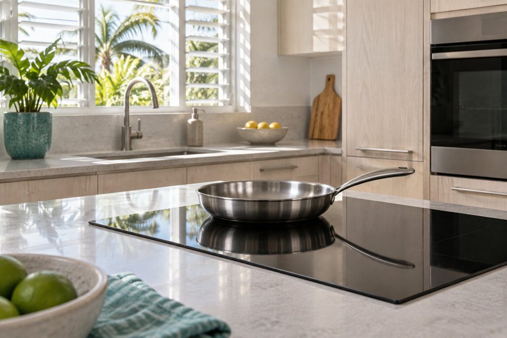 A pan standing on an unlit black glass induction top in a bright quiet kitchen, nothing happening under it.