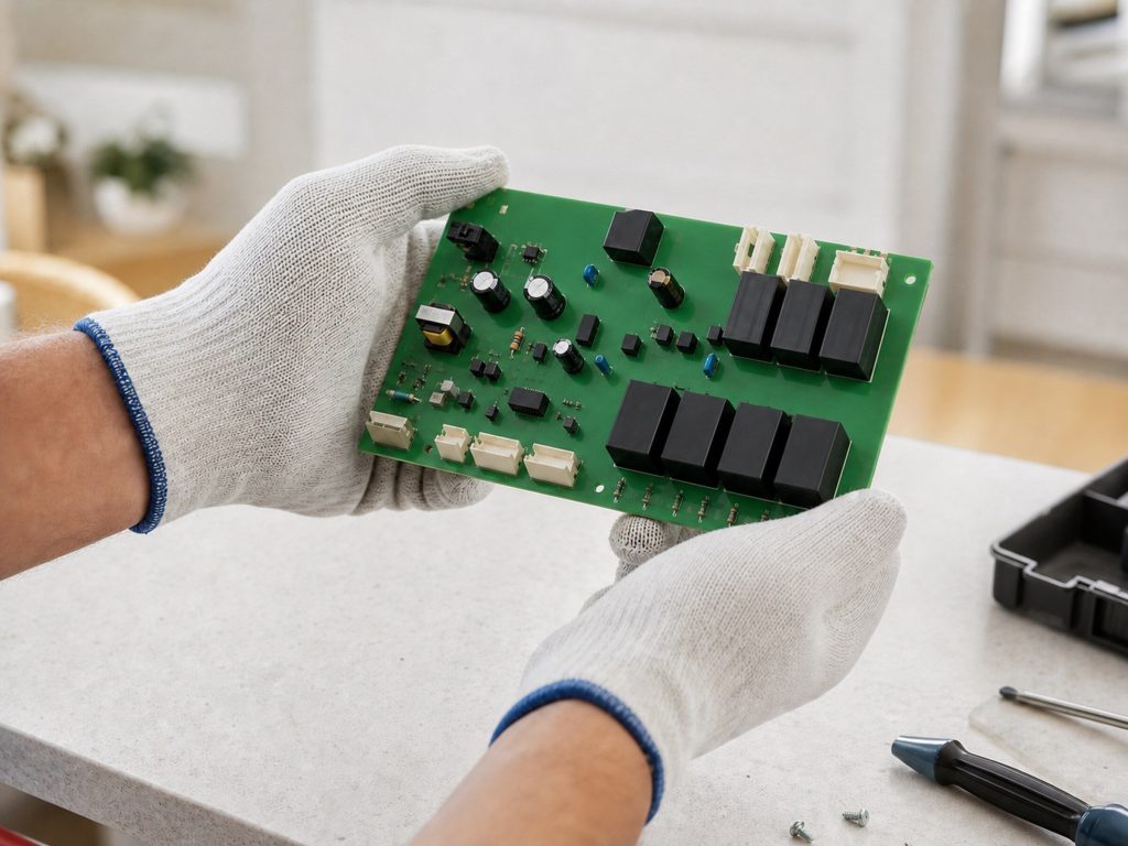 An appliance control board held in two gloved hands over a workbench, its plain green surface and relays visible, no markings legible