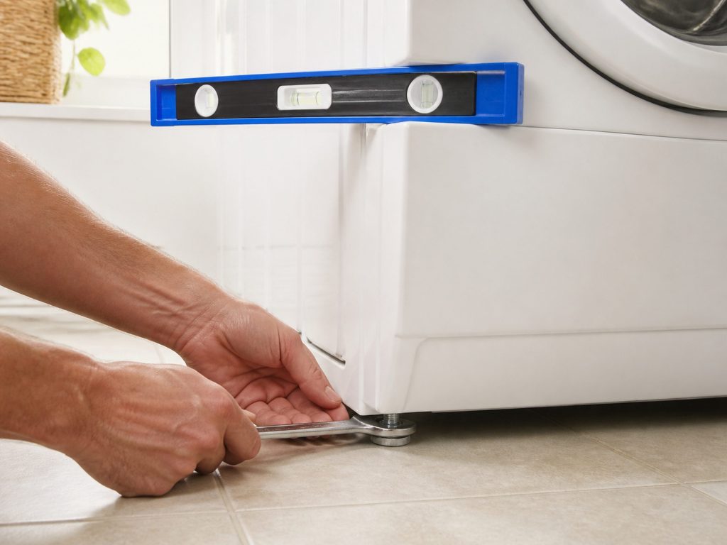 Two hands leveling the front foot of a white appliance with a wrench, a spirit level lying on top of the machine, pale tile floor, bright room.