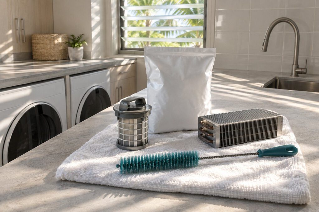 A pump filter, a dishwasher salt pack, a condenser block and a coil brush laid out together on a folded white towel on the worktop of a tiled laundry closet.