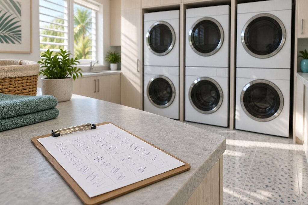 A clipboard with a handwritten cycle-count sheet resting on the folding counter of a condominium laundry room, three stacked machine pairs out of focus behind it.
