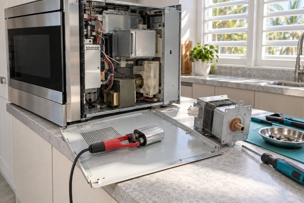 The side cover of a built-in combination microwave removed on a bench, a discharge tool resting across the capacitor terminals, the magnetron block beside it.