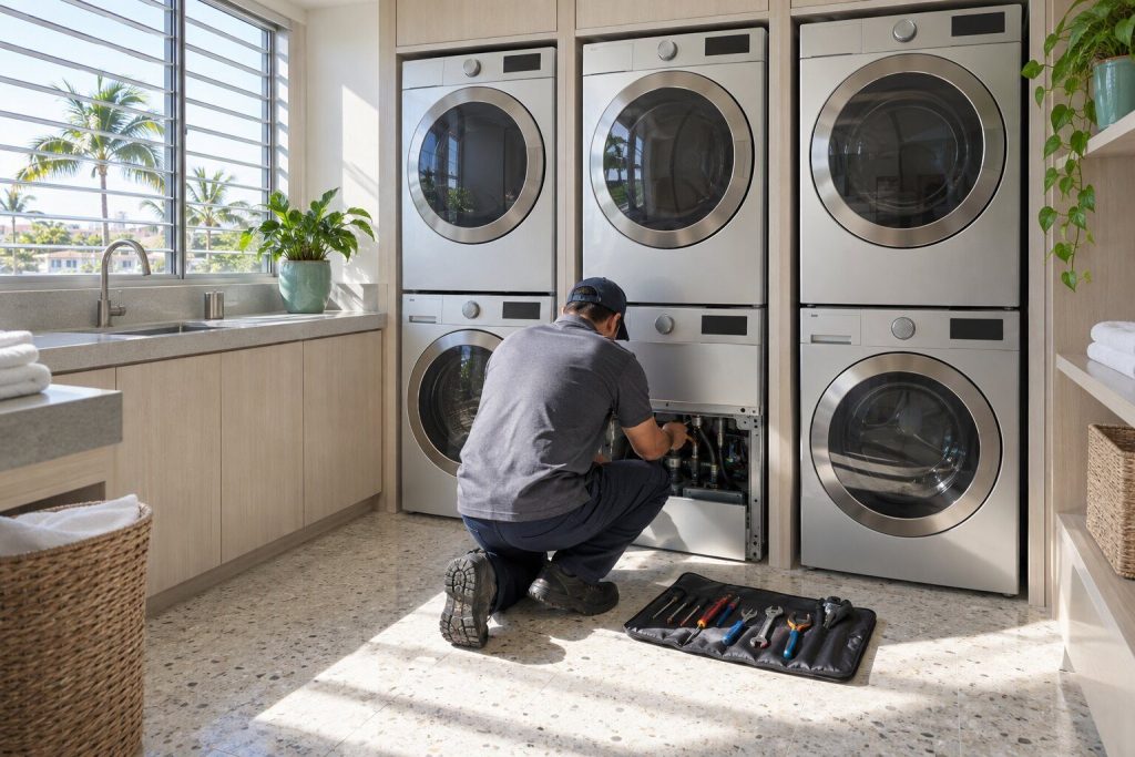 A technician kneeling at the open service panel of one of three stacked washer and dryer pairs in a condominium laundry room, tool roll open on the tiles beside him.