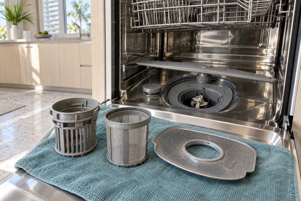 The three-piece filter stack lifted out of the floor of a dishwasher tub and standing apart on a cloth, the empty sump well and the drain pump impeller visible in the tub behind.