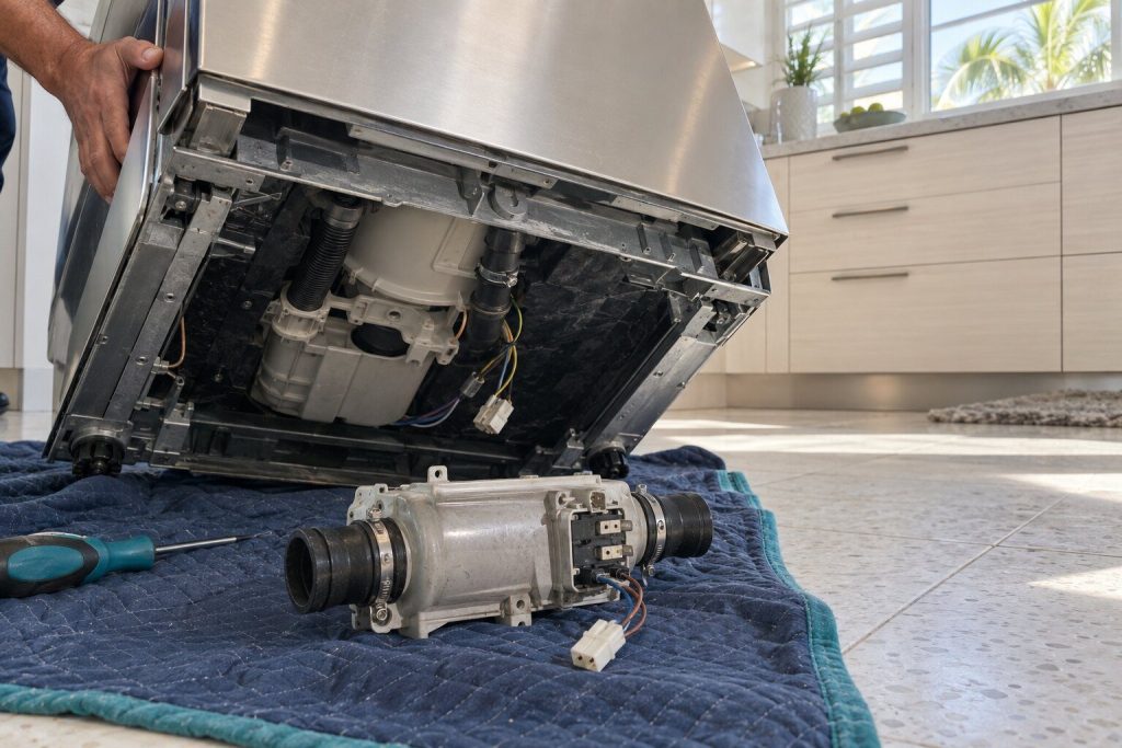 The flow-through heater block unclipped from the underside of a dishwasher with the machine tipped back on a blanket, its two hose stubs and terminals showing.