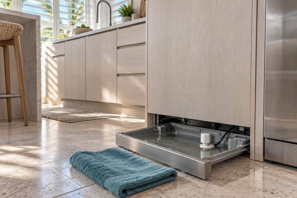A shallow base tray drawn out from under a panel-ready dishwasher with a float switch sitting in an inch of water, a folded towel on the tiled floor in front of it.