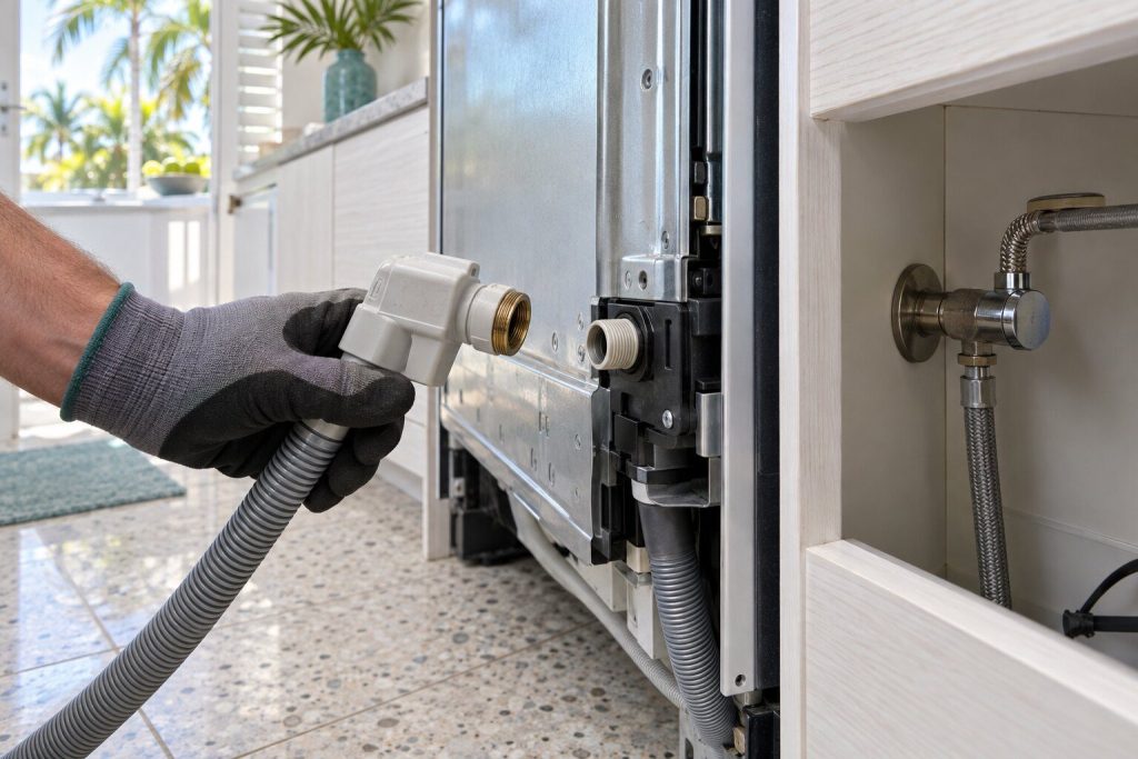 An aquastop inlet hose unscrewed from the back of a dishwasher and held clear, its solenoid head in a gloved hand, the tap behind it closed.