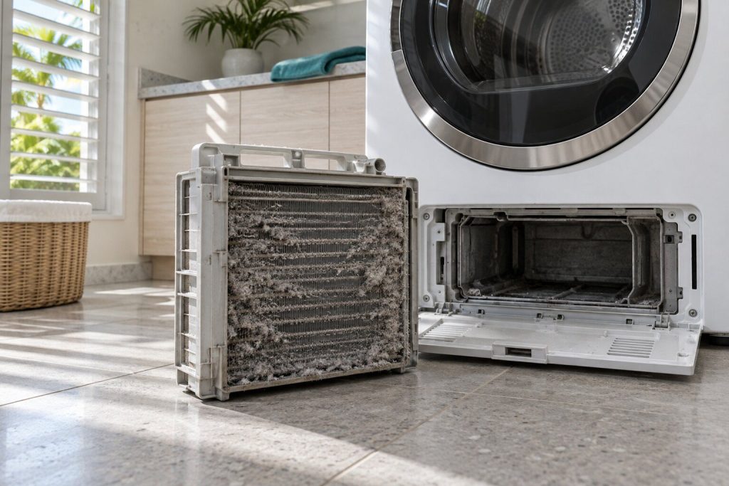 The condenser block drawn out of the plinth at the foot of a heat-pump dryer and standing on the tiles, its fins packed gray with lint, the empty bay behind it.