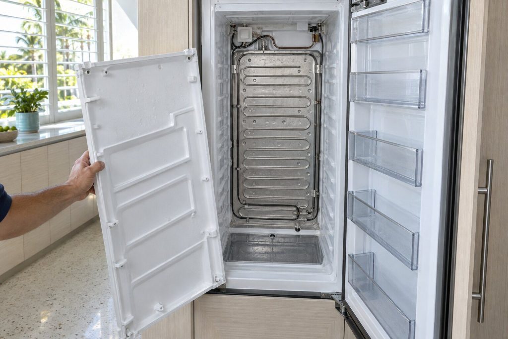 The rear liner panel unscrewed inside an integrated freezer column and lifted out, the evaporator plate and the defrost heater loop behind it, ice cleared from the tray.