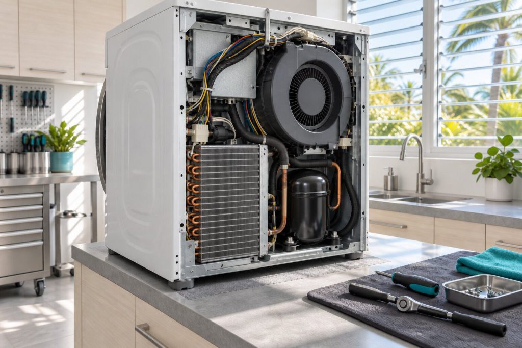 The rear of a heat-pump dryer open on a workshop bench showing the compressor, the finned evaporator and the blower housing, a wire loom lifted clear on a hook.