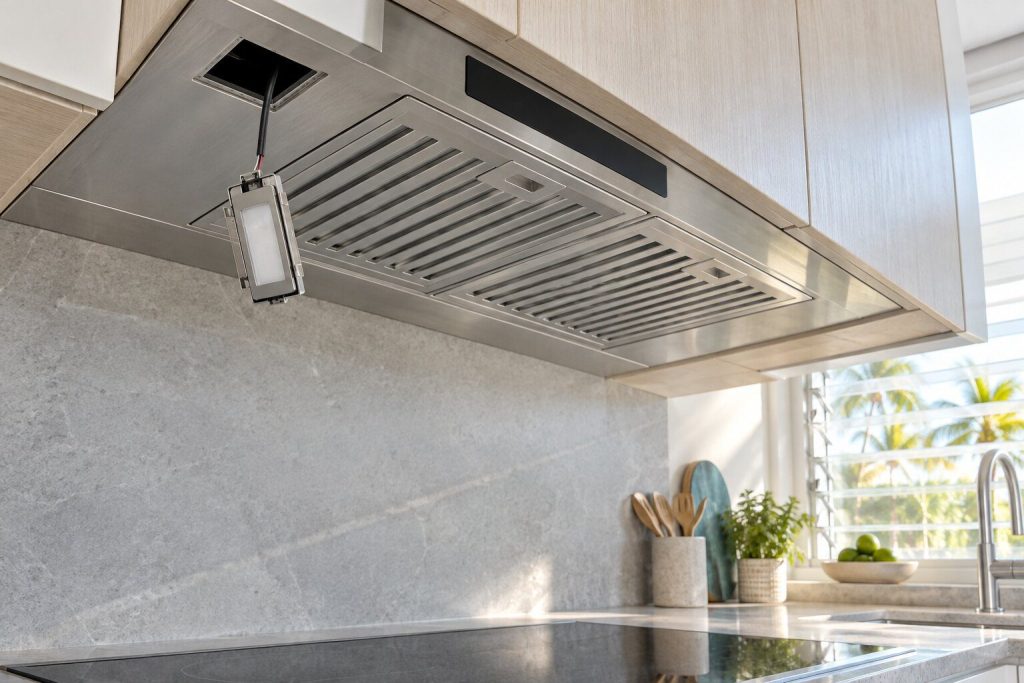 An LED lamp module unclipped from the underside of a hood liner and hanging on its lead, the dark control strip and two baffle filters beside it.