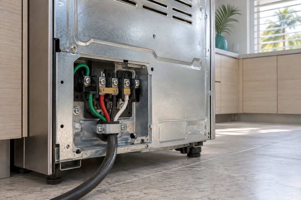 The terminal block behind the lower back panel of a freestanding range with its cover plate off, the supply cable clamped in and the link bars across the terminals.