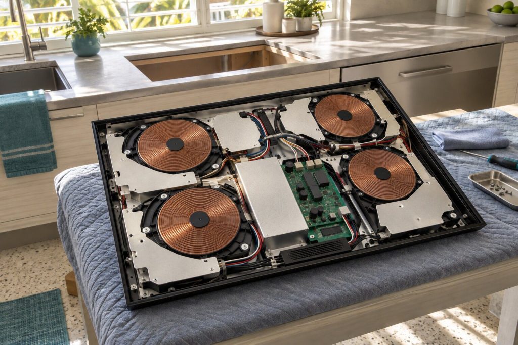A black glass induction top lifted off its cut-out and turned over on a padded bench to show four coil assemblies and the control board underneath.