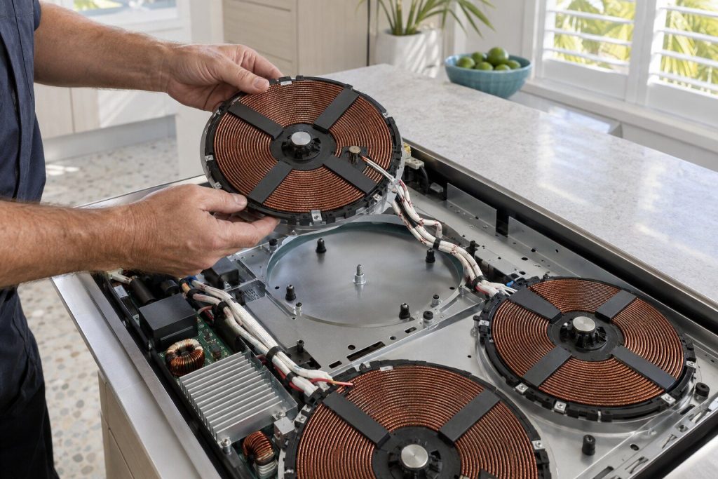 One induction coil unscrewed from the underside of a cooktop and lifted an inch clear on its litz wiring, its ferrite bars and the thermistor visible.