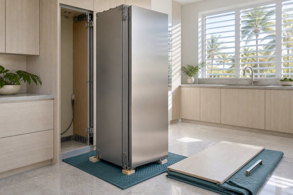 A tall integrated refrigerator column eased forward out of its joinery onto a protective mat, its oak cabinet panel and handle laid on a folded blanket beside it, shims at the base.