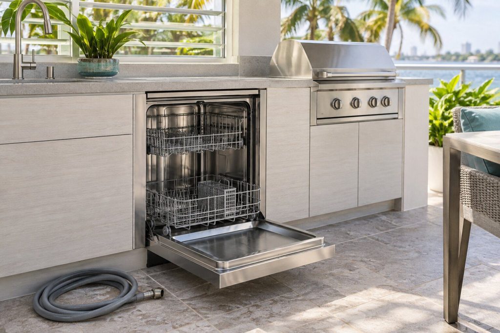 A stainless outdoor dishwasher built into a masonry summer-kitchen run on a terrace, its door open, salt haze dulling the panel and a hose coiled on the tile beside it.