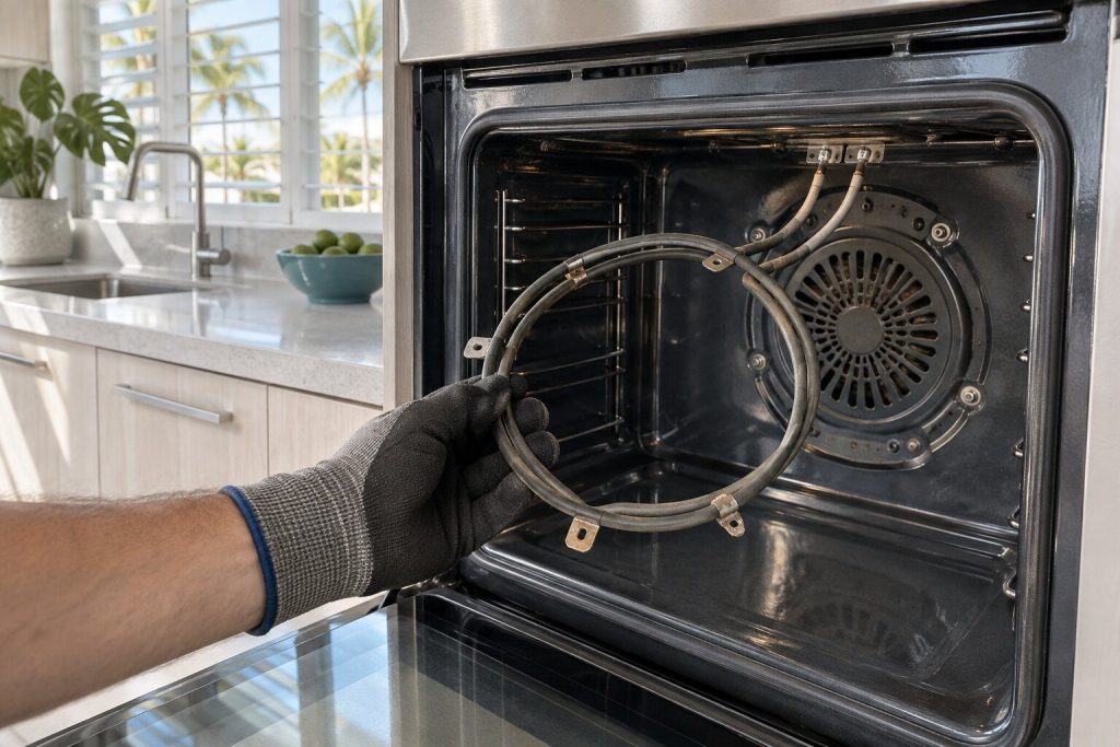 A fan oven element unbolted from the rear wall of an oven cavity and drawn forward on its leads in a gloved hand, the circular fan cover behind it.