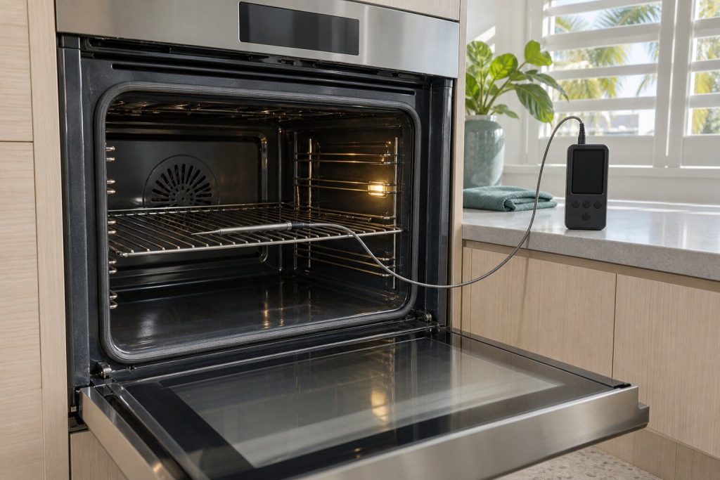 A thermocouple probe laid on the center shelf of an empty oven with its lead run out past the door seal to a hand-held meter standing on the worktop.