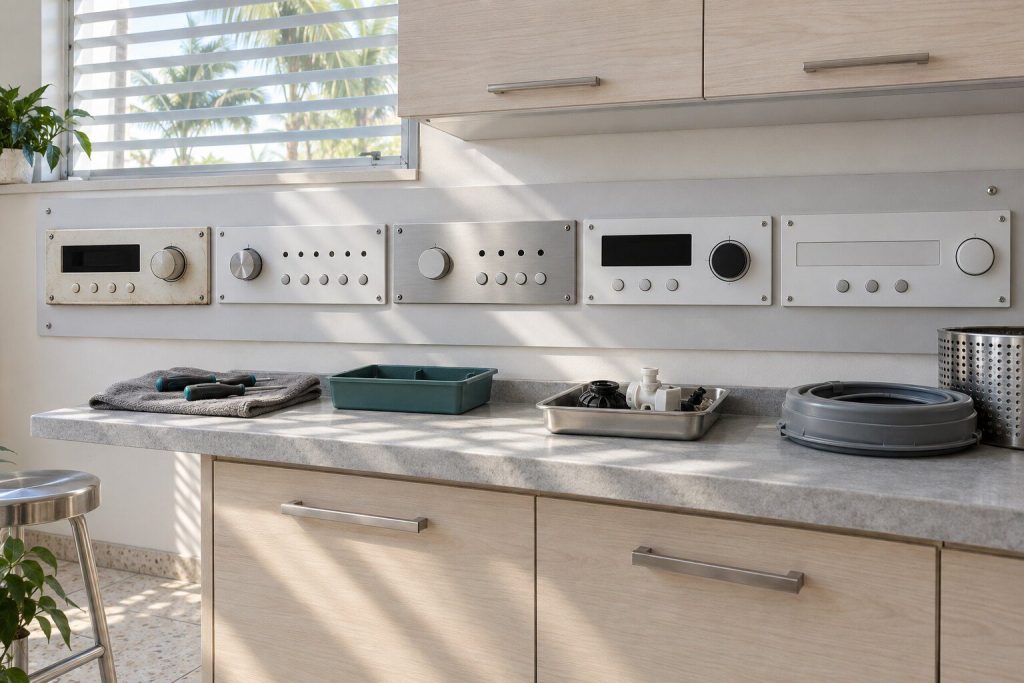 Five washer control panels of different generations photographed side by side on a workshop wall board — a numeric display, a row of numbered indicator lights, a row of plain lights, an E-number display and a blank text strip — nothing legible on any of them.