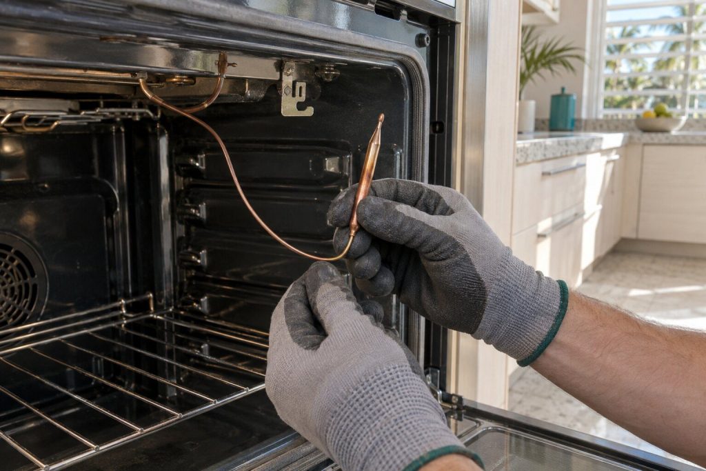 A capillary thermostat phial unclipped from its bracket inside an oven cavity and drawn out on its thin copper line, the bulb held in gloved fingers.