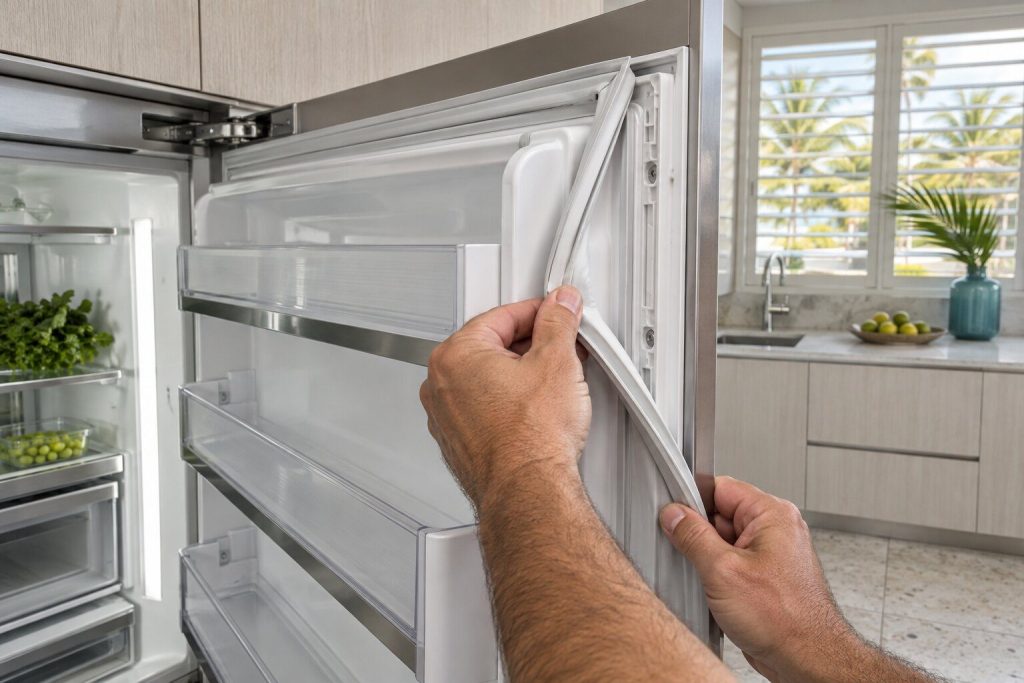 A magnetic door gasket pulled back out of its channel along one edge of an open integrated refrigerator door, the empty channel and the retaining lip visible.