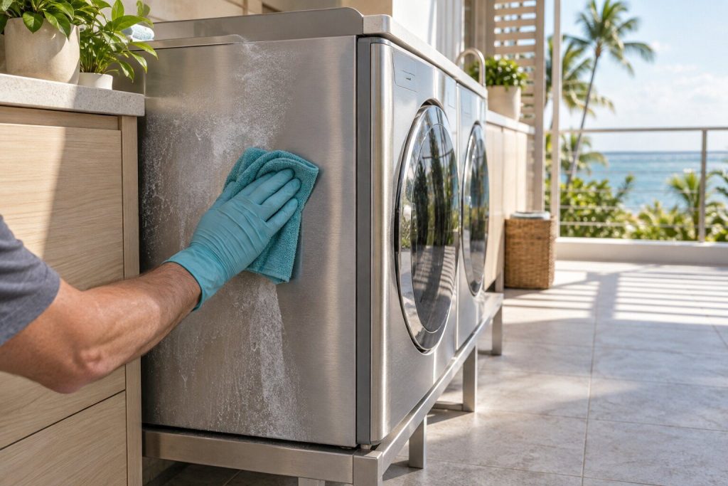 A gloved hand wiping white salt bloom off the stainless flank of a machine standing in an open-sided terrace utility run, the sea haze bright beyond the railing.